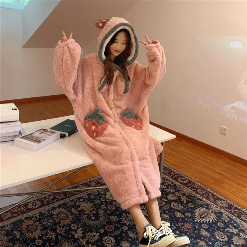 

ATUOH Coral Fleece Pajamas, Nightgown Sweet Strawberry Sweet Warm And Soft Bed Skirt Long Flannel Leisure Wear