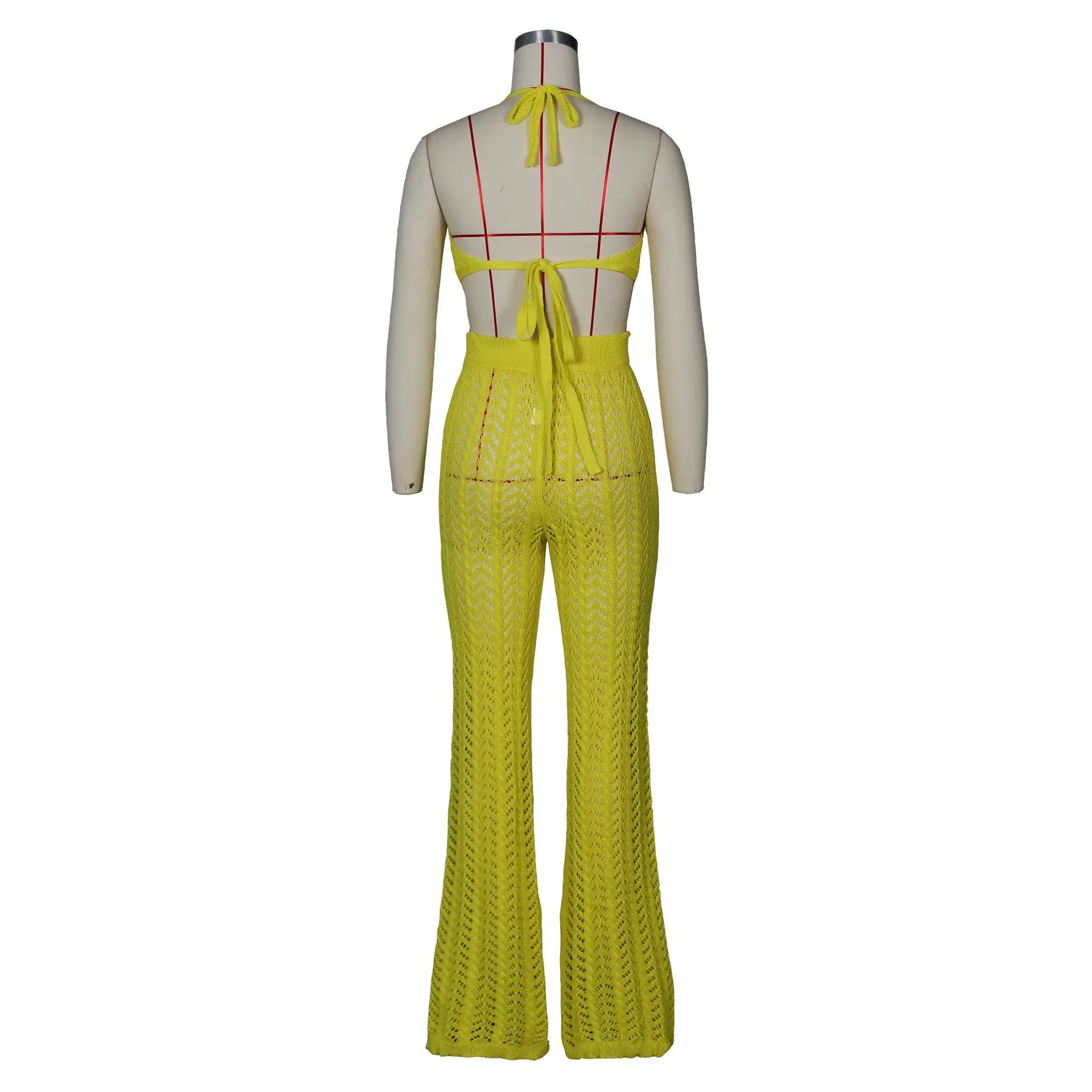 

Sexy Women Tracksuit Bra + Long Pants Hollow Out See Through Backless Solid Color Streetwear Summer Clothes For Women