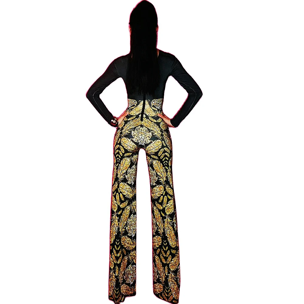 Мода в виде золотых перьев для женщин с длинным рукавом узкие эластичные боди