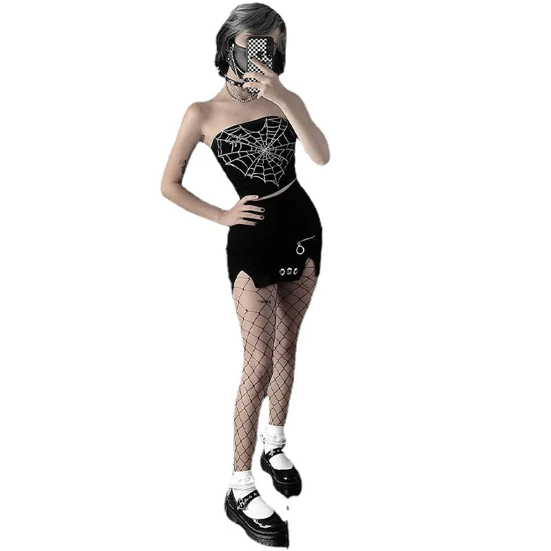 

Fashion dark spider web printing contrast color shoulder wrapped top 2021 new