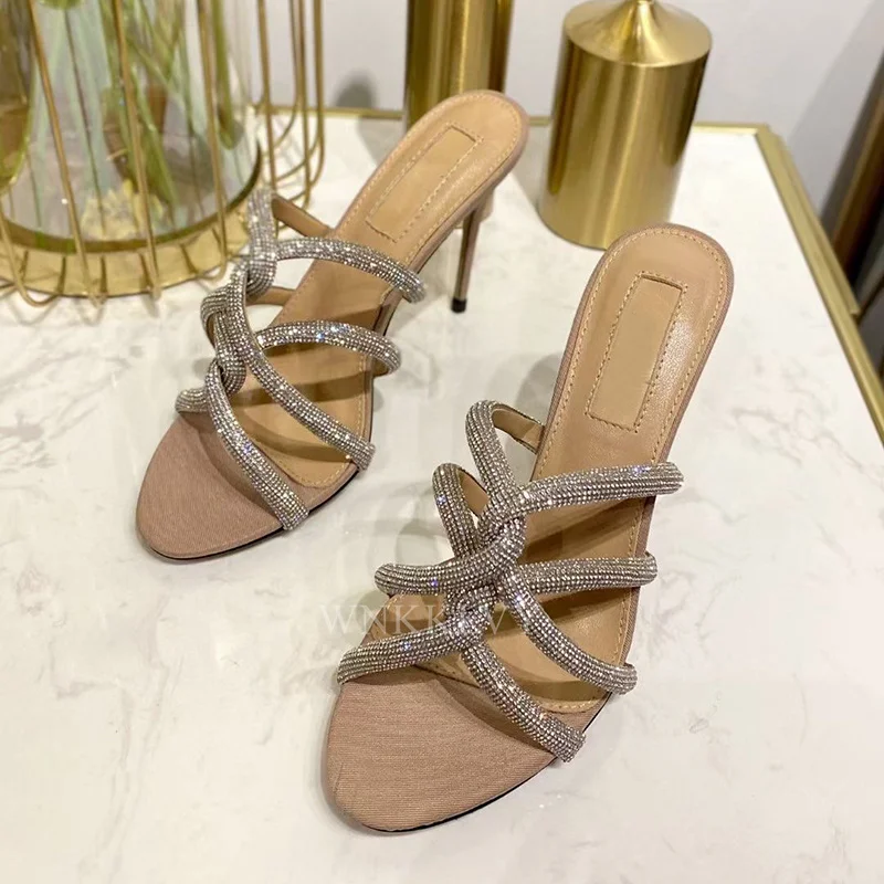 

Bling Bling Thin High Heel Slippers Women Cross Band Design Open Toe Crystal Sandals Summer Swxy Party Fairy Shoes For Ladies