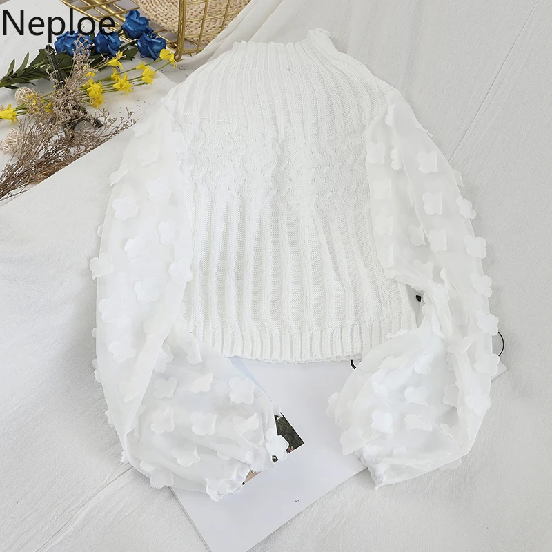 Neploe корейский контрастный цвет Аппликации патч Сетчатое платье-фонарь рукав