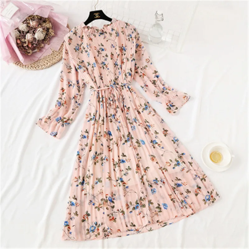 

Spring Stand Collar Floral Print Women Dress Lace Up Female Pleated Dress Summer Party Midi Chiffon Vestidos Femme 2020
