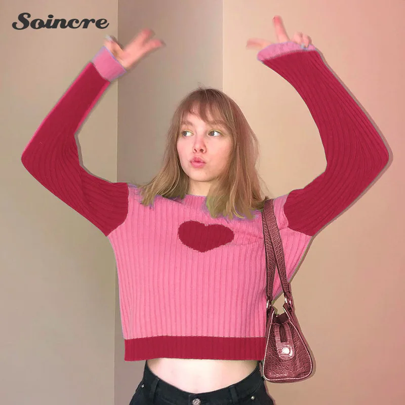 

Knitted Sweater Women 2021 Heart Print Long Sleeve Autumn Winter Green Pullover Casual Fashion Patchwork Top Y2K Sweet Girls