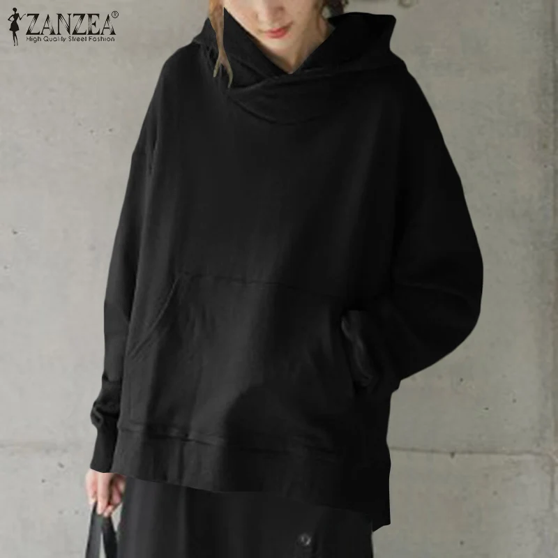 

ZANZEA 2021 Female Clothing Pocket Top Oversize Fashion Solid Hoodies Women Hooded Sweatshirts Casual Long Sleeve Chic Pullovers