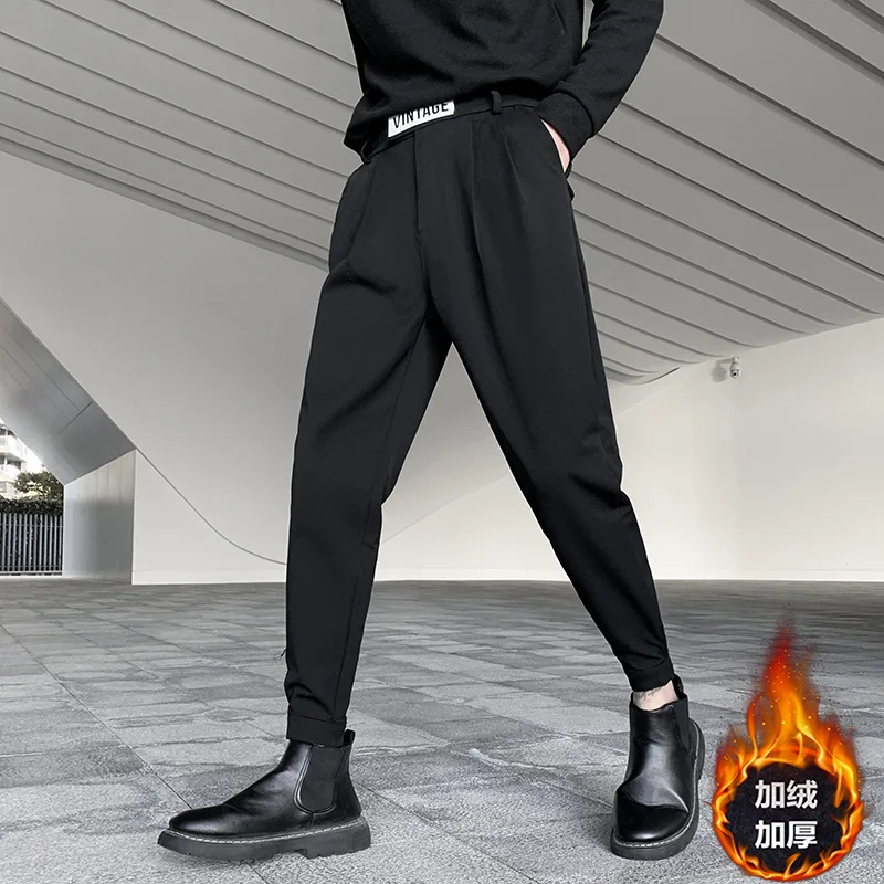 

SYUHGFA Men's Clothing Business Trousers 2022 Spring New Black Straight Plus Velvet Loose Korean Suit Pants Basic Thin Trousers