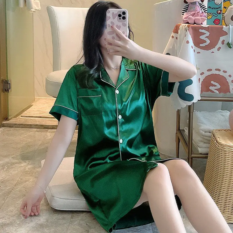 Women's Silk Satin Nightgowns Button Down Sleepshirt Short Sleeved Nightshirt Boyfriend Notch Collar Sleepwear Sleep Shirt M-2XL