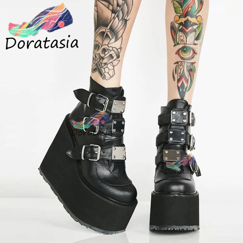 doratasia wholesale ins hot brand high platform ankle boots women 2020 fashion metal strap decorating high wedges shoes woman free global shipping
