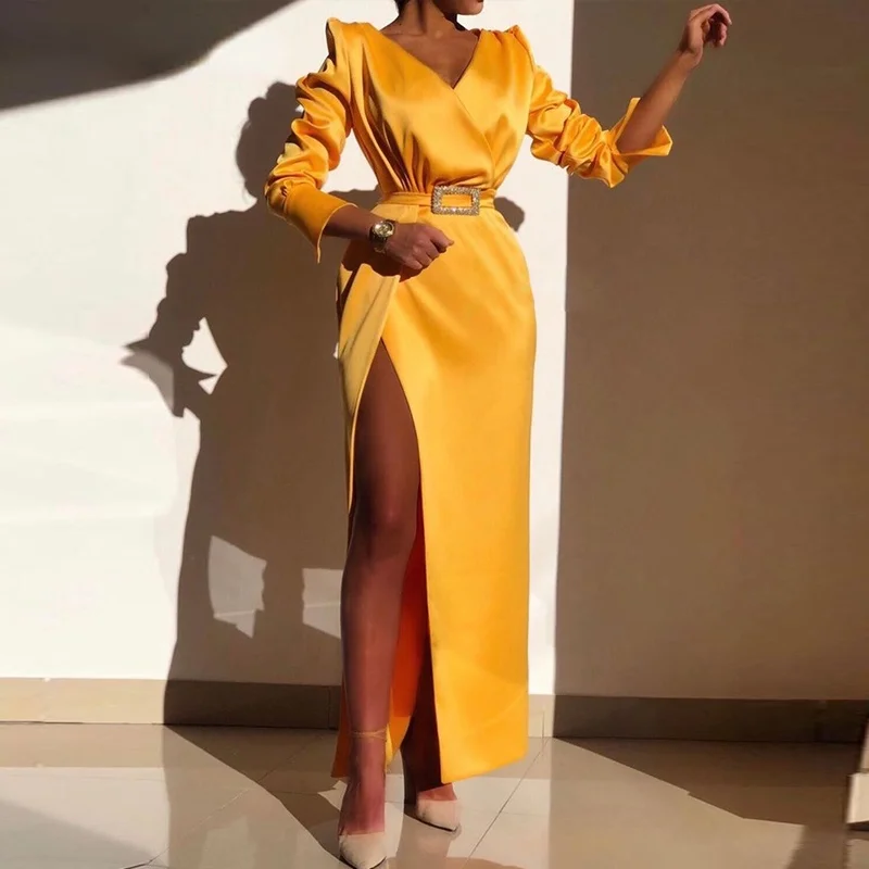 Women Solid Long Puff sleeves V neck Elegant Sashes High Silt Midi Party Dress