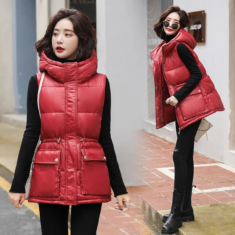 

Осень-зима 2021, женский жилет, повседневный облегающий жилет без рукавов с капюшоном, плотный теплый жилет с подкладкой, осенний женский жиле...