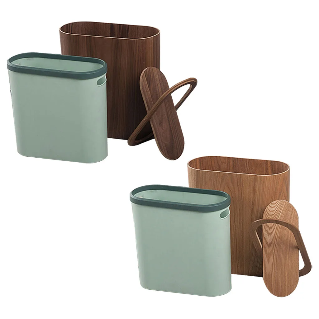 

Wooden Oval Waste Bins Nordic Style Narrow Decoration Tools with Lid Small Solid Wood Wastebasket for Office Bathroom