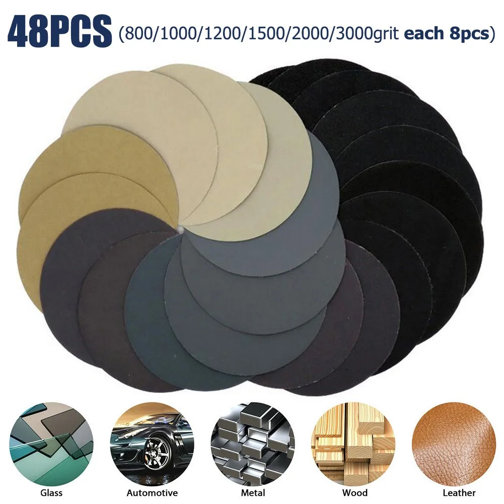

48Pcs Wet Dry Sandpaper 125mm 800/1000/1200/1500/2000/3000 Grit Water Dry Sanding Discs Sandpaper Loop Sanding Pad