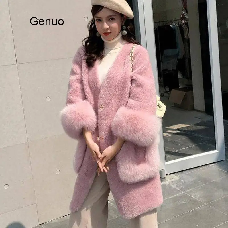 2020 Spring Women Solid Faux Fur Coats Lady Pockets Single Breastes Outwear Outerwear Female V-Neck Fur Jacket