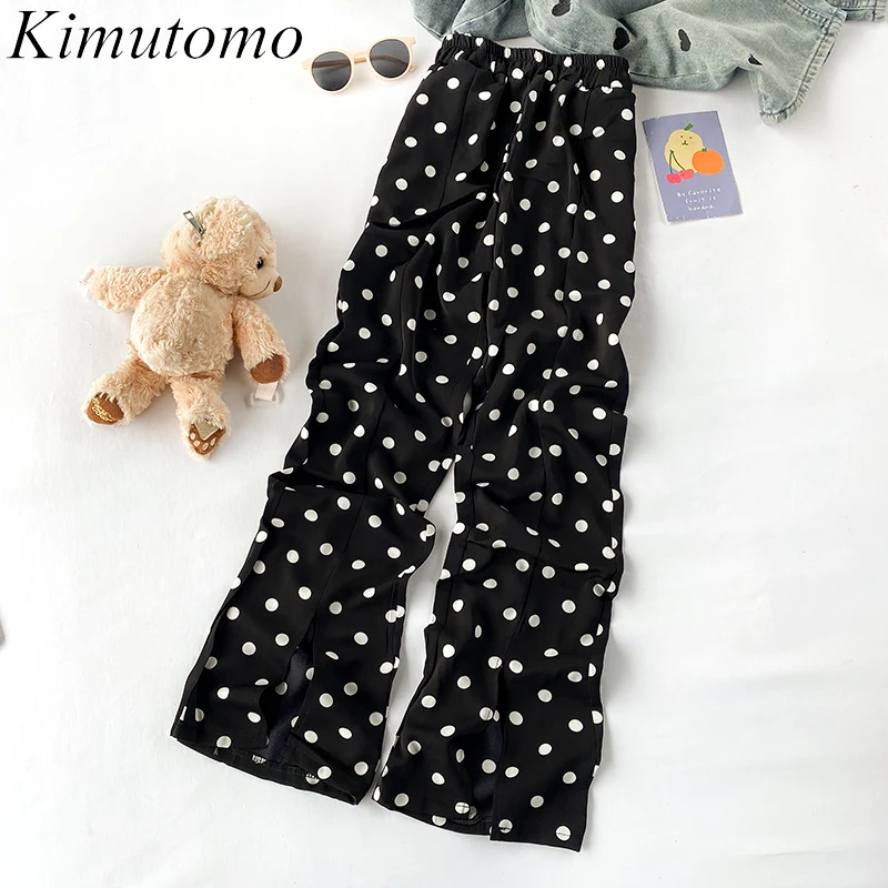 

Kimutomo Vintage Dot Pants Female Hong Kong Style 2021 New Summer Ladies High Elastic Waist Split Wide Leg Pants Casual Fashion