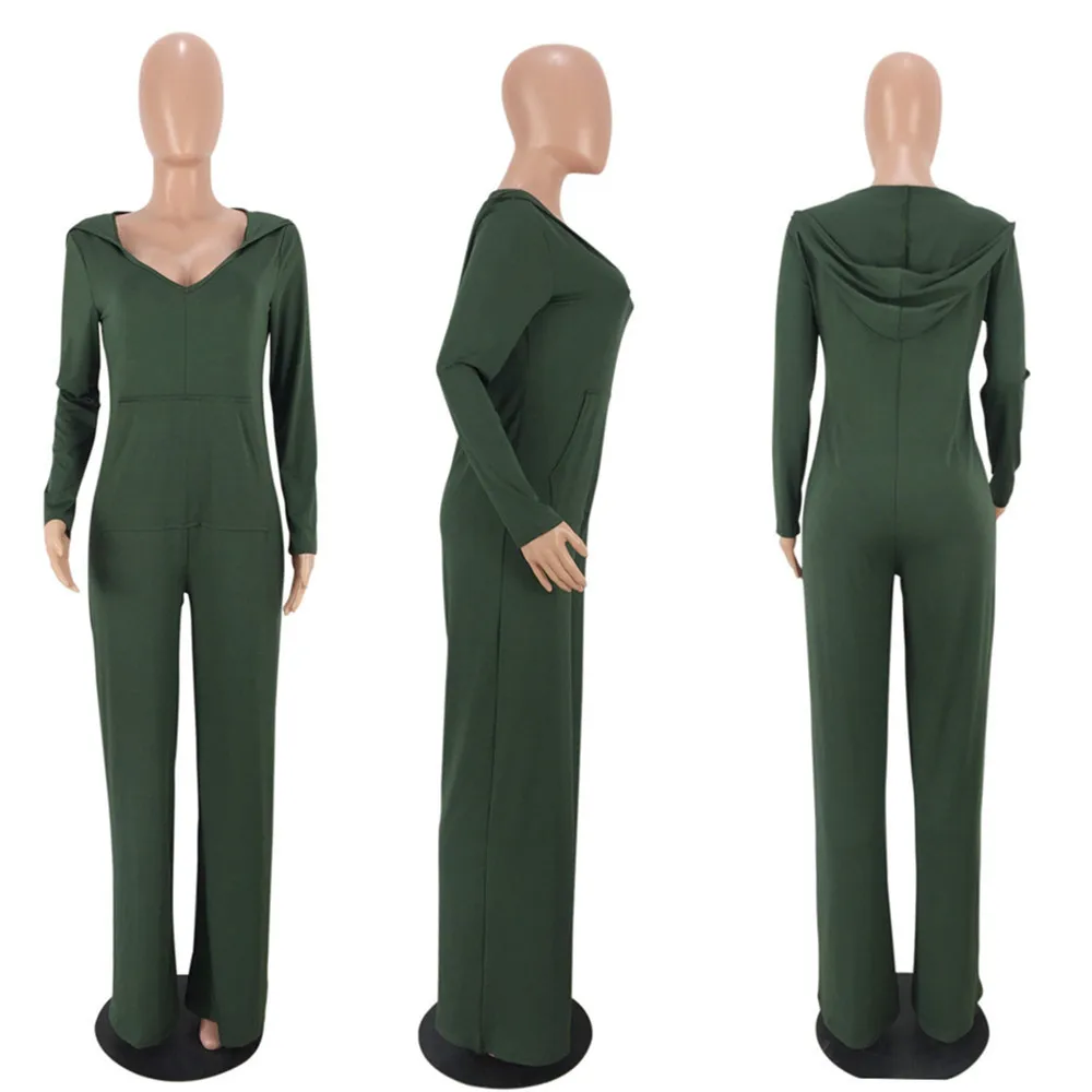 

FNOCE 2020 autumn new women's jumpsuits fashion casual loose solid hooded v-neck long sleeve high stretch long jumpsuits