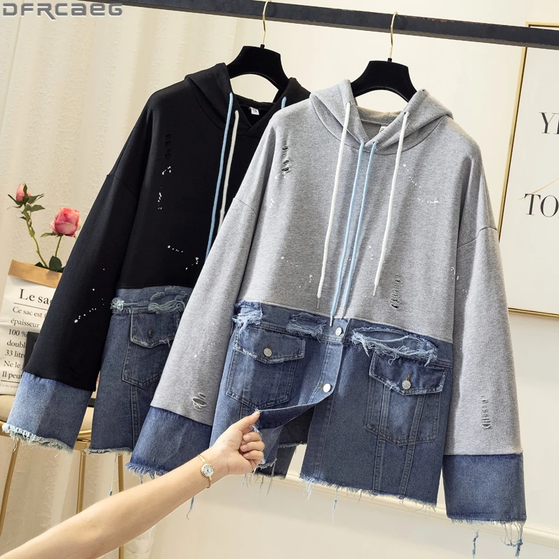 

Куртка женская джинсовая, черно-серая, свободная, 5XL, в стиле Харадзюку, осенняя, размера плюс