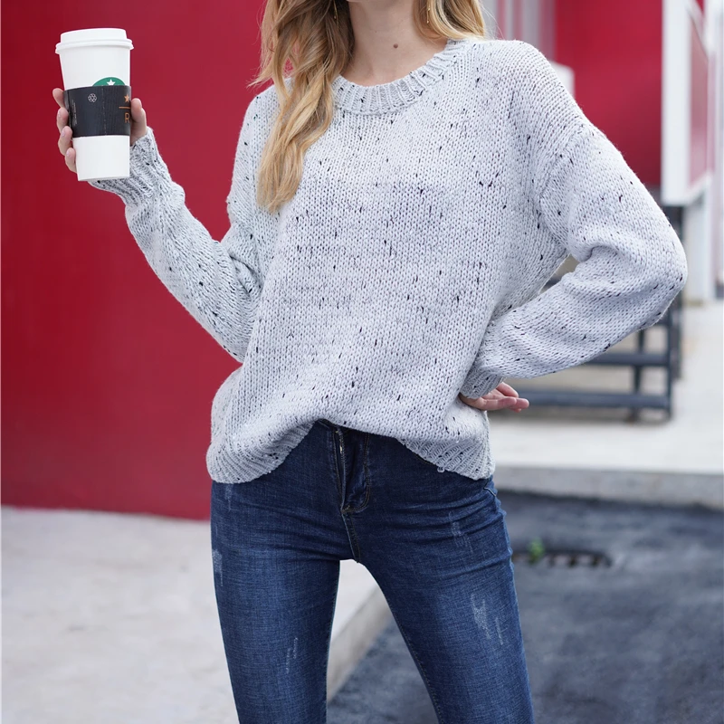 

Women Grey Solid Basic Jumper O-neck Knitwear 2021 Autumn Winter Sweaters for Female Long Sleeve Slim Pullover Sweater New Chic