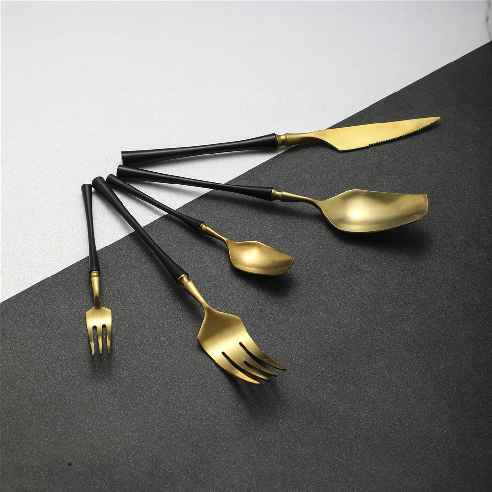 conjunto de talheres de dourado preto garfo colheres conjunto facas fosco utensilios 06