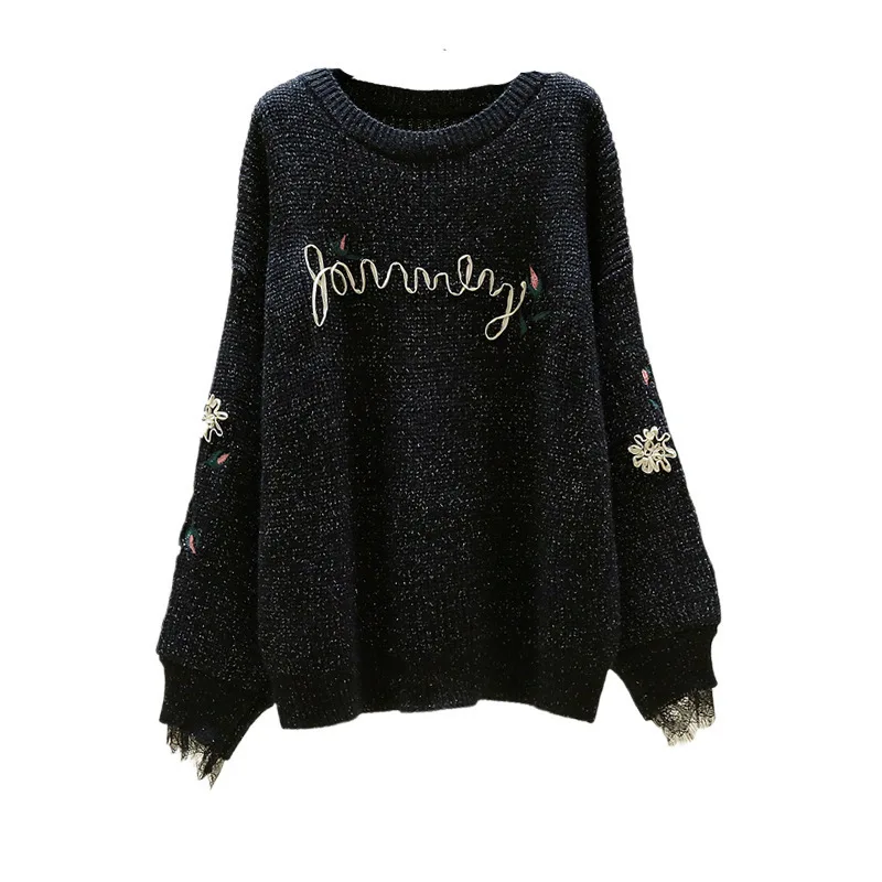 

station casual black letter lace embroidery top women's new loose and thick knitted sweater in autumn and winter 2020