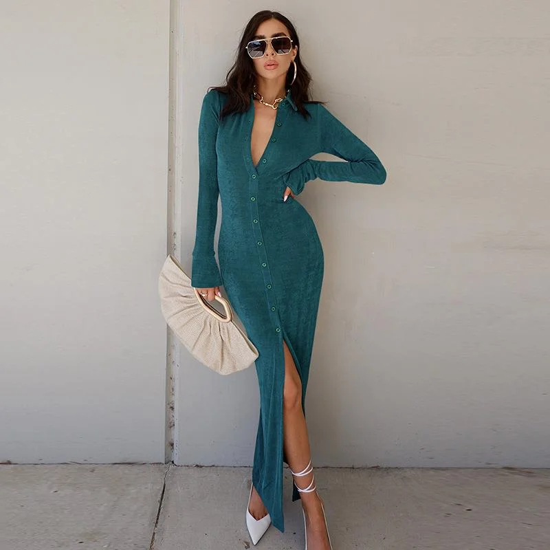 2022 Spring Women Dress Side High Split Long Sleeve Solid Bodycon Simple Outfits Popular Holiday Vestidos Female Clothing