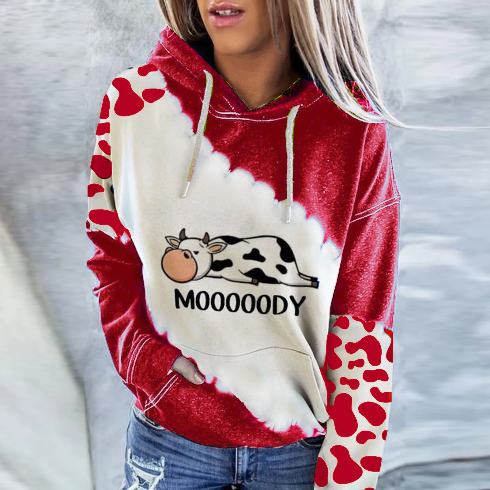 Women Cute Cow Print Sweatshirt Long Sleeve Round Neck Casual Tops Hoodie Streetwear Women Oversized Hoodies Moletom Feminino