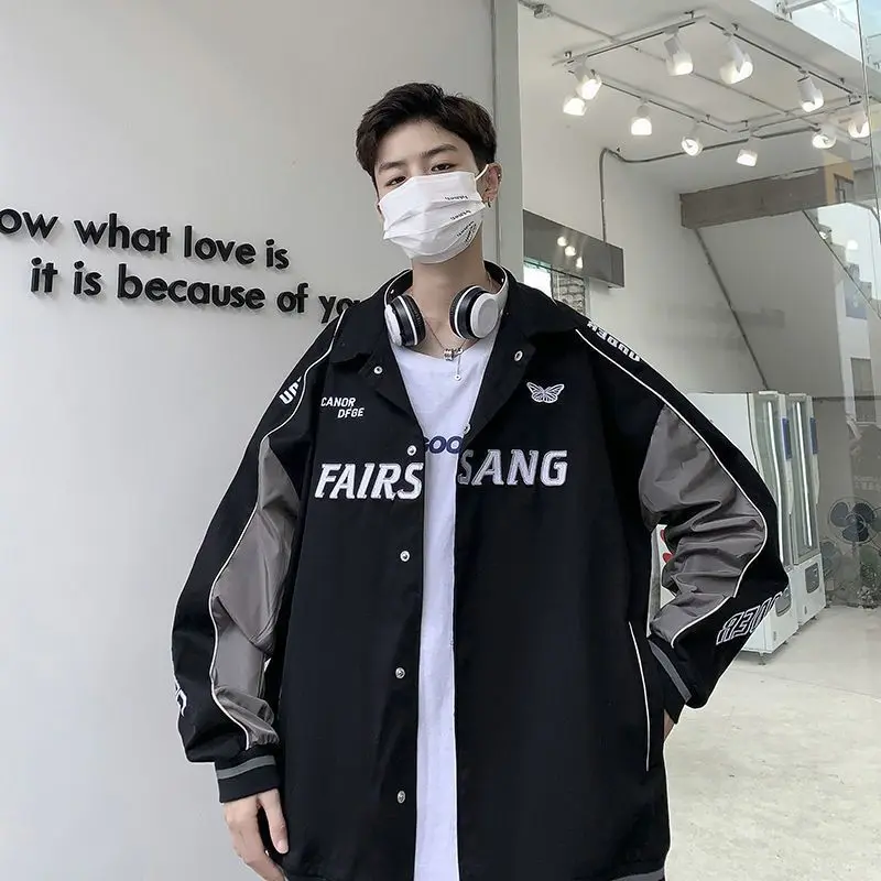 

Safari-style Jackets Men New Korean Spring-Autumn Streetwear Stitching Jacket Boys Trendy Printing All-match Casual Loose Coats