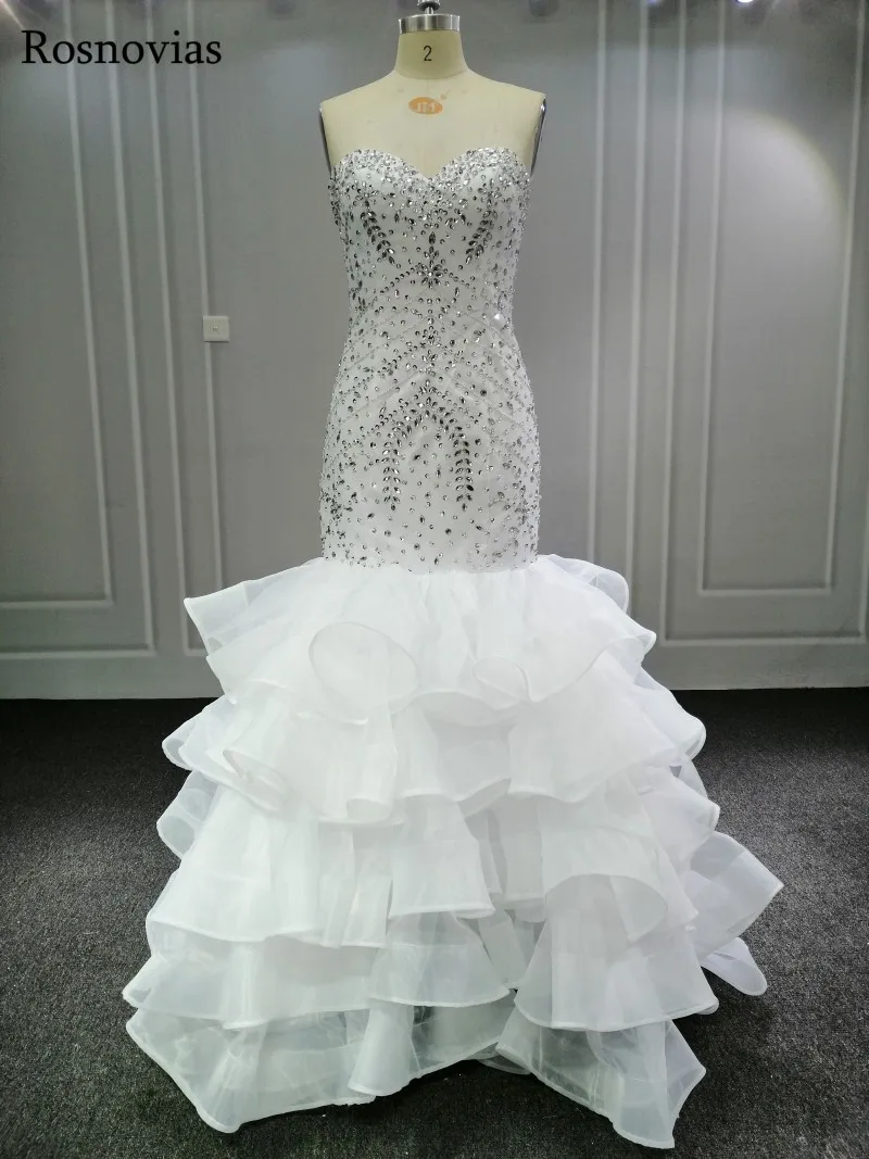 Luxury Mermaid Wedding Dresses 2020 Strapless Lace Up Back Sweep Train Beaded Crystal Plus Size Bridal Gowns Robe De Mariée | Свадьбы и