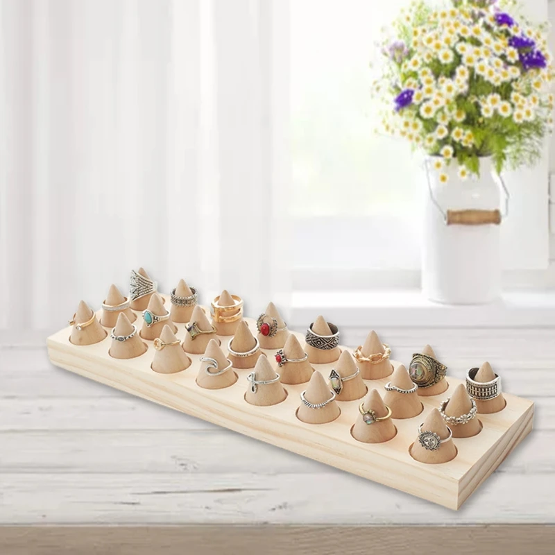

24 Solid Wooden Jewelry Rings Display Stand Cone Storage Rack Organizer Holder