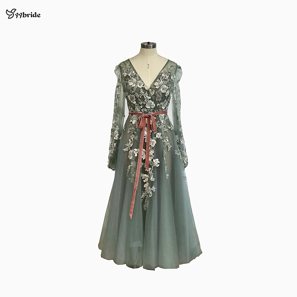 

YYbride Colorful Lace Girl Skirt Light Green Tulle Fabric Party Dress V Neck with Long Sleeves Beautiful Tea-Length Prom Dresses