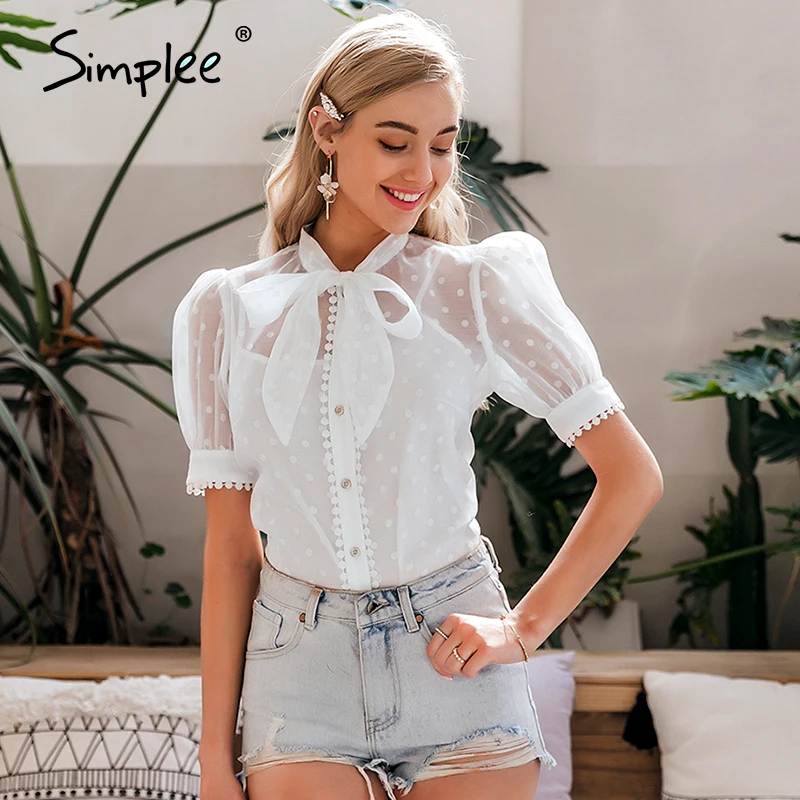 Простая женская блузка с бантом сексуальная прозрачная рубашка в горошек буфами