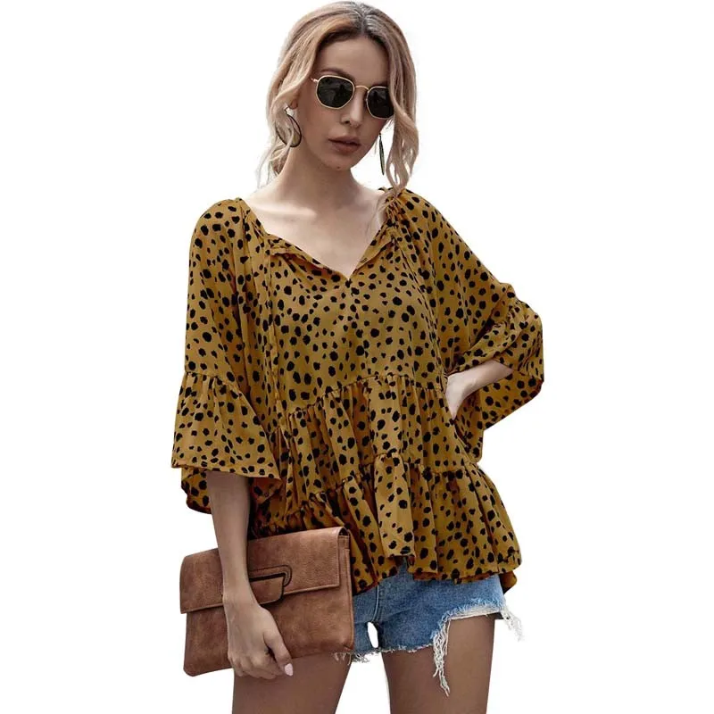 

Summer Chiffon Leopard Print Flare Sleeve Folds Ruffle Patchwork Tops Women Elegant Street Wear Plus Size Blouse