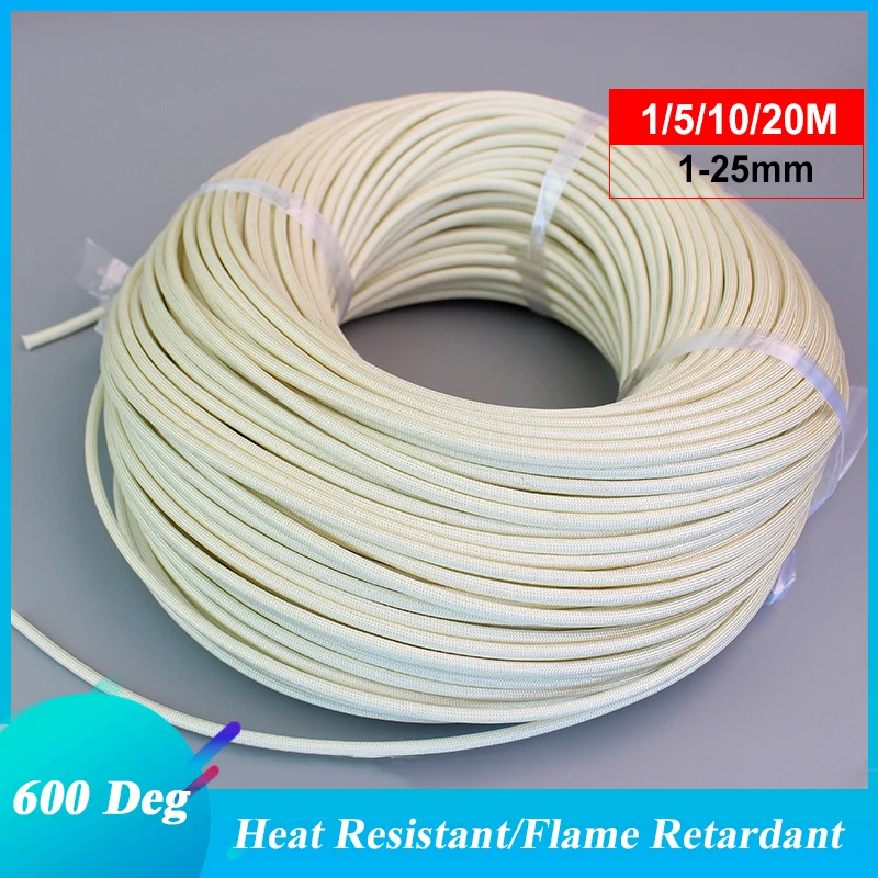 1/5/10/20M Braided Fiberglass Sleeve 600 Deg High Temperature ID 1mm ~25mm Chemical Glass Fiber Tube Fiberglass Sleeving White