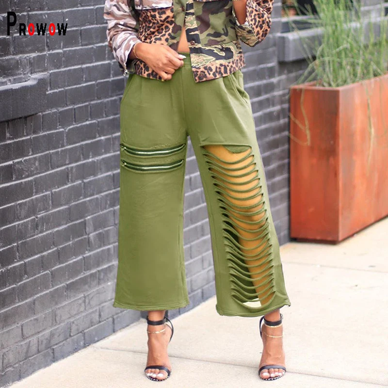 

Prowow Spring Summer Women Broken Hole Pant 2021 New Casual Streetwear Trousers for Woman Army Color Elastic Waist Outfits