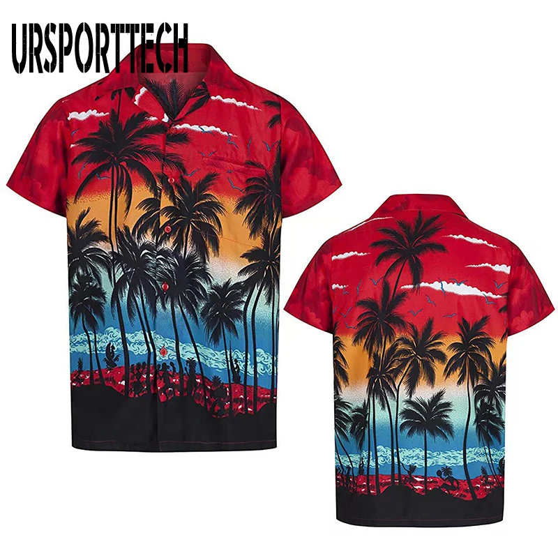 URSPORTTECH 2021 Summer Men Shirt Short Sleeve Cotton Loose Casual 3D Print Vacation Beach Tops Blouse Plus Size Shirt Men Big