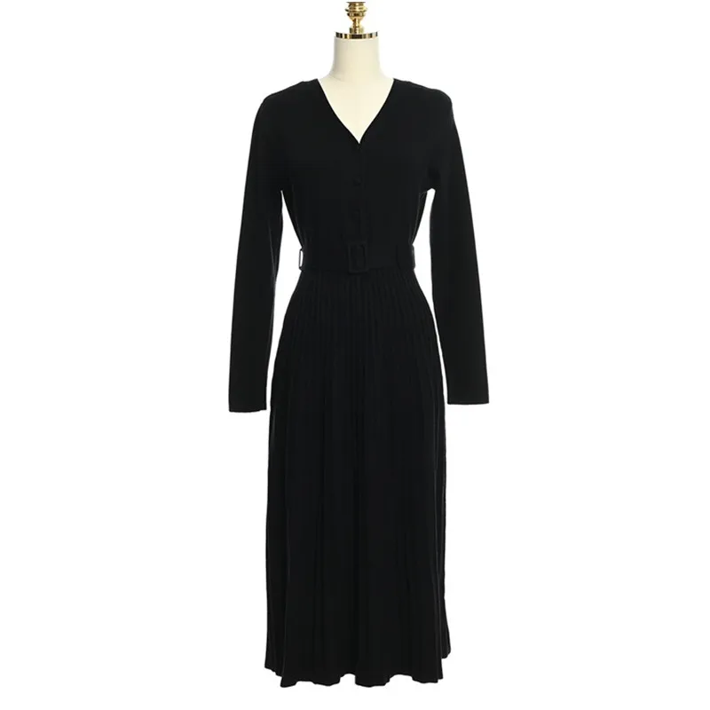 

Autumn Winter Knitted Dress Pleated Dresses Elastic Sweater V Neck Midi Dress Pink Slim Waist Closed Long Sleeve Casual Cotton