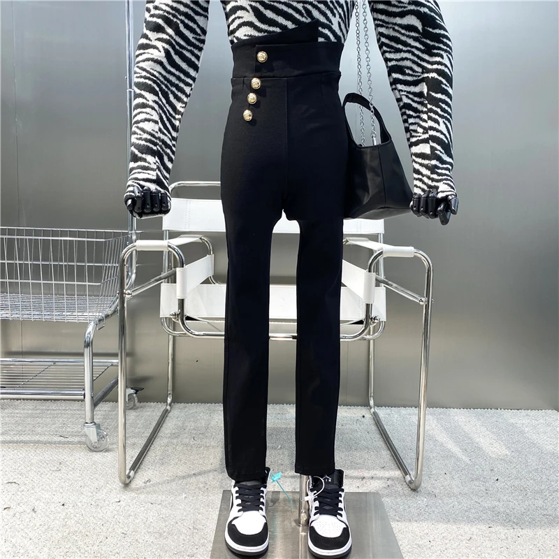 

New 2021 Irregular Side Metal Buttons High Waist Wearing Tight Pencil Pants Versatile Slim Elastic Leggings Trousers