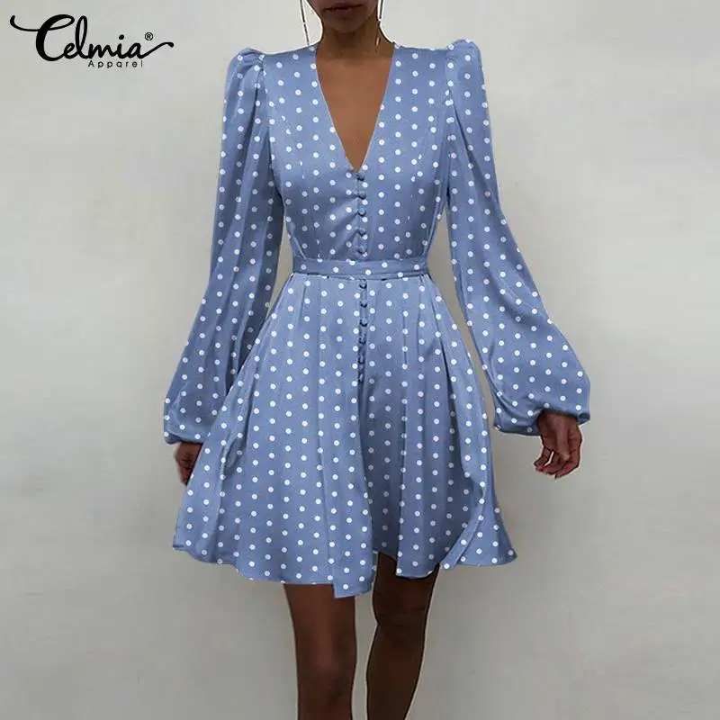 

Women's Fashion Polka Dot Short Robe Celmia Elegant Waisted Long Puff Sleeve Party Mini Dress Sexy V-neck Sash A-line Vestidos