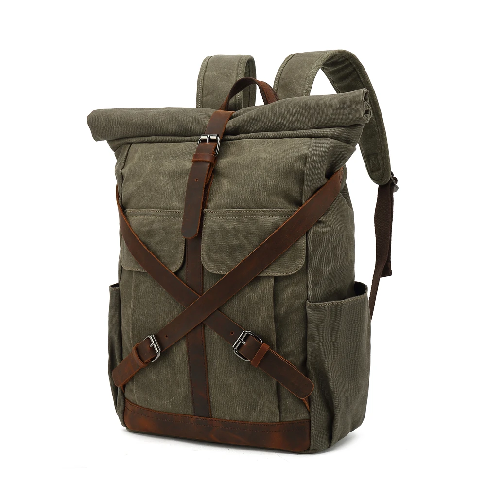 Vintage Genuine Leather Laptop Canvas Backpack for Men School Canvas Backpack Water Resistant Travel Rucksack Canvas Backpack
