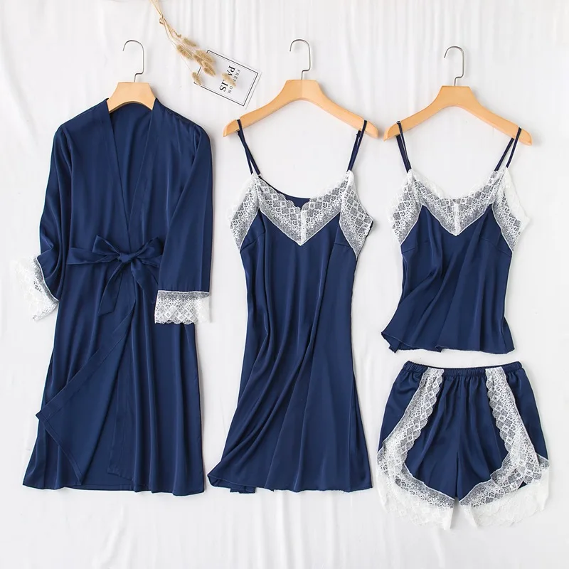 

4 Pieces Women Pajamas Sets Satin Sleepwear Silk Nightwear Pyjama Spaghetti Strap Sleep Lounge Pijama