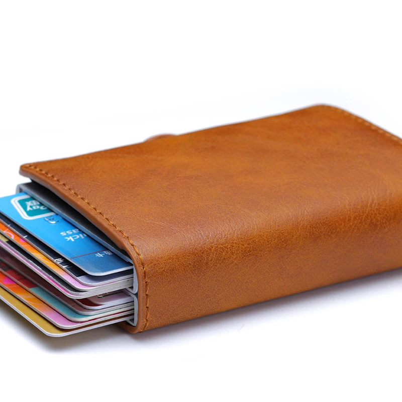 RFID мужской кожаный ID кредитный держатель для карт мужской автоматический алюминиевый сплав Hasp бизнес двойной слой визитница кошелек для мужчин