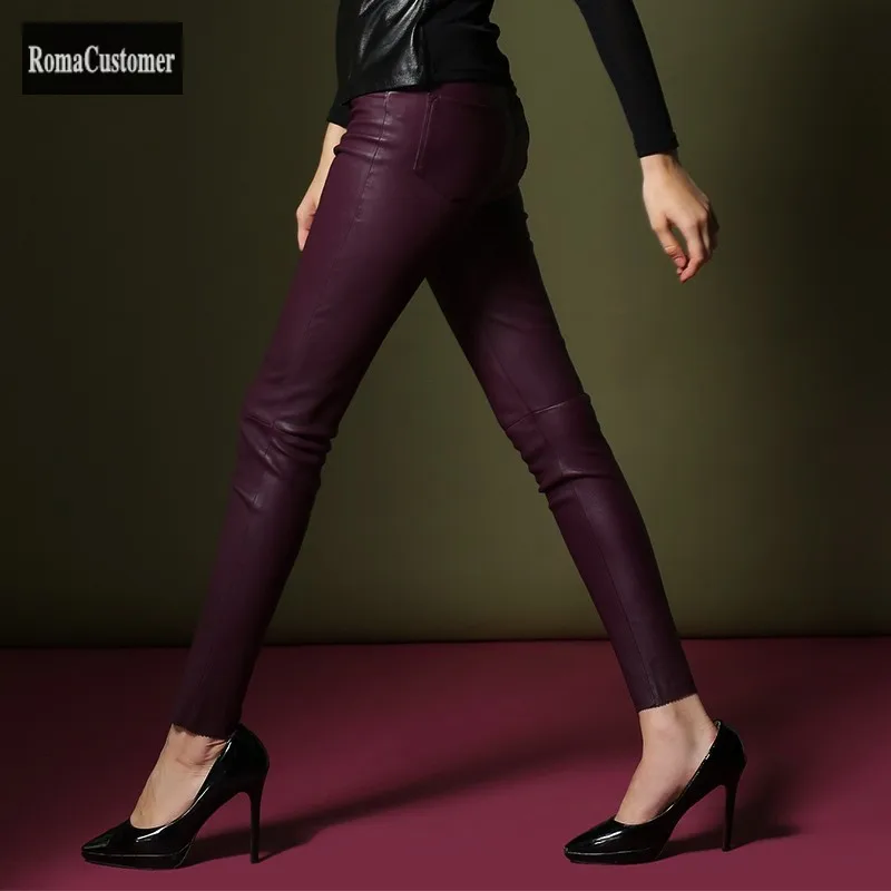 

Autumn New Fashion Skinny Stretch Genuine Leather Pants Womens Pants High Quality Korean Elegant Female Sheepskin Pencil Pants