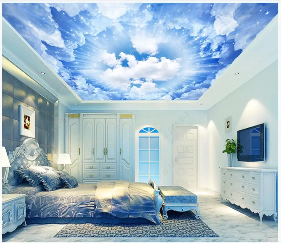 

Custom ceiling wallpaper for walls 3 d zenith murals Beautiful dream blue sky white clouds sunshine European style ceiling mural