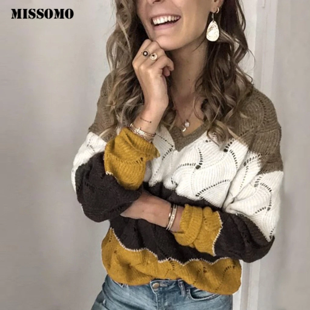 Свитер женский трикотажный с V-образным вырезом и длинным рукавом | Женская