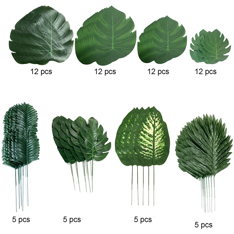 

68 Pieces 8 Kinds Tropical Party Decorations Jungle Monstera Leaves , Artificial Palm Leaves with Faux Stem Promotion
