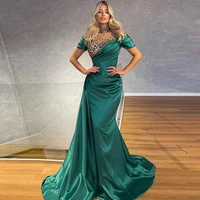 evening dresses 2022 women simple green beaded mermaid prom gowns short sleeves party dress sexy o neck pleat robes de soir%c3%a9e