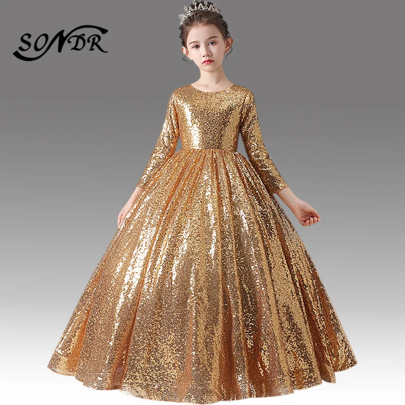 Платья для девочек с золотыми блестками и цветами HT090 роскошное блестящее платье