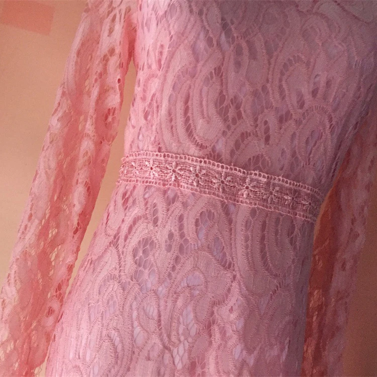 High Quality Elegant Hollow Out Lace Dress Women Long Sleeve Autumn Style Midi-calf Pink Spring Party Vestidos | Женская одежда