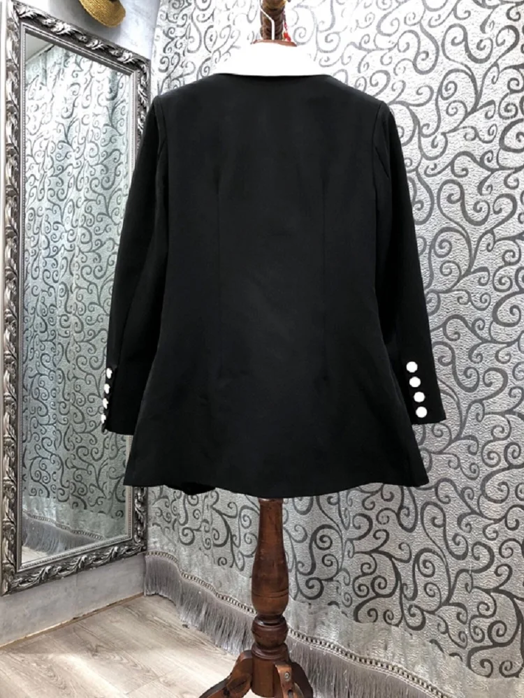 

Autumn Winter 2021 Fashion Blazer Jackets High Quality Women White Turn-down Collar Ruffle Patchwork Elegant Black Blazer Coats