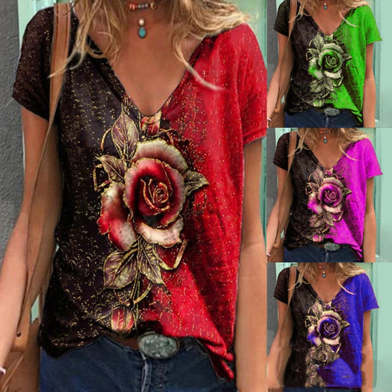 

Футболка женская с V-образным вырезом, повседневный СВОБОДНЫЙ Модный уличный хипстерский пуловер с коротким рукавом, с разноцветным принто...