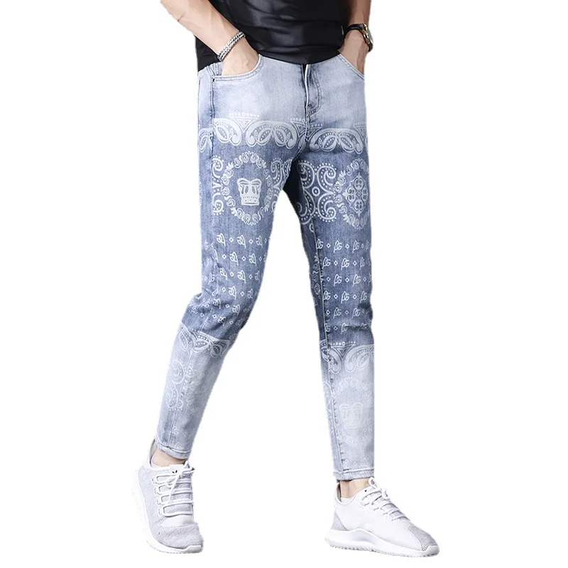 

Fashion Geometric Printed Jeans Men's Light Blue Slim Fit Ankle-Length Pants Summer Streetwear Denim Trousers